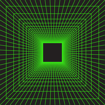 Cube shaped green neon wireframe in perspective on black background. Square room, portal or studio grid structure in futuristic style. Metaverse, techno or virtual reality space. Vector illustration