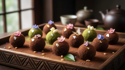 Japanese chocolate truffles with delicate floral decoration on a wooden trayMacro shot of chocolate truffles decorated with edible flowers, capturing textures and festive Valentine's Day aesthetic.