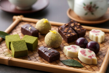 Macro view of assorted Japanese chocolates and candies on a bamboo tray, highlighting delicate textures, pastel tones, and cozy Valentine atmosphere.