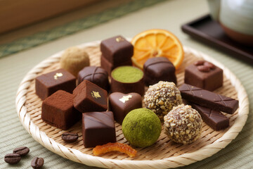 Macro shot of assorted Japanese sweets for Valentine&rsquo;s Day arranged on a bamboo tray, soft lighting highlighting textures, colors, and festive cozy atmosphere.