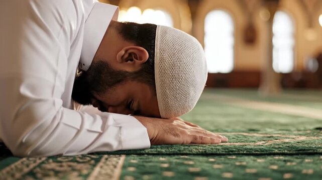 A muslim man performs sujood prayer on a green carpet, captured in a serene close-up, feeling spiritual freedom even in prison.