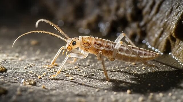 Cave cricket: A detailed close-up of a cave cricket crawling on a damp cave floor, revealing its unique features, and adapting to a dark environment.