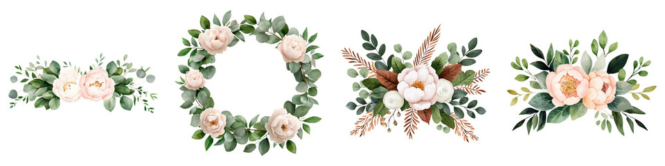 Fototapeta premium Hand painted flower crown, Floral arrangements featuring soft pink flowers and green foliage in various designs, perfect for decoration or artistic use.