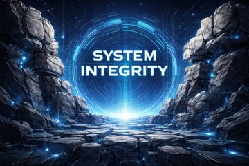 Futuristic scene shows rocks forming a pathway with light glowing at the center. Text mentions system integrity, suggesting a digital theme.