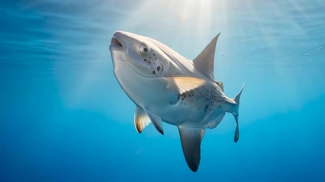 Sunfish in the depths of blue: An extraordinary sunfish glides gracefully through the crystalline ocean, its sleek body reflecting the ethereal sunlight that dances from the surface of the sea.