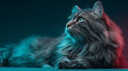 Majestic cat lies calmly on a dark surface surrounded by vibrant neon lights