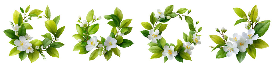 Obraz premium Hand painted flower crown, Four circular arrangements of green leaves and white flowers, showcasing a delicate and natural aesthetic.