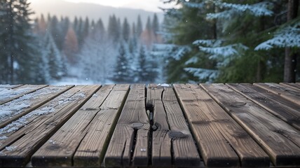 Wooden table with forest trees and misty mountain nature background
