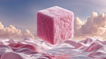A pink cube floats above rippling pink fabric under a serene blue sky with white clouds