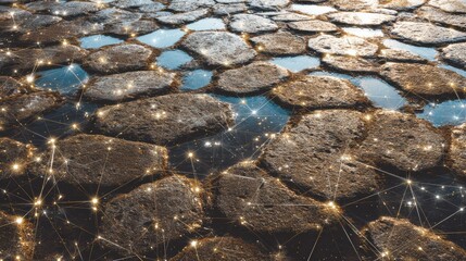 Ancient stone roads are used to represent a digital network, showcasing connections in a textured outdoor setting.