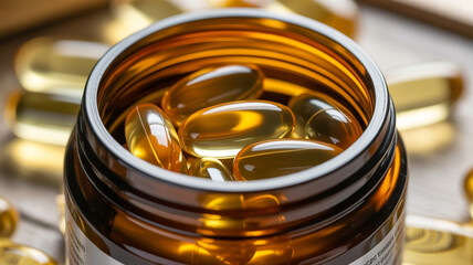 Close up of a bottle filled with golden, translucent gel capsules