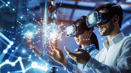 Scientists Wearing Virtual Reality Headsets Interacting with Digital Data in Modern Laboratory