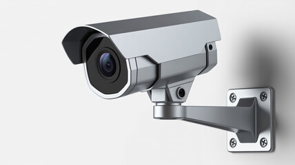 A sophisticated silver security camera vigilantly mounted on a pristine white wall for monitoring