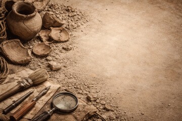 A collection of ancient pottery and tools is spread out on a rough surface, suggesting an archaeological site where artisans worked.