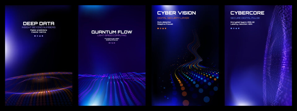 Four tech digital vector backgrounds with deep data, quantum flow, cyber vision, and cybercore concepts for modern technology applications