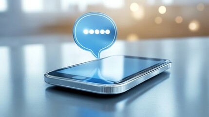 Smartphone with speech bubble icon showing communication, copy space