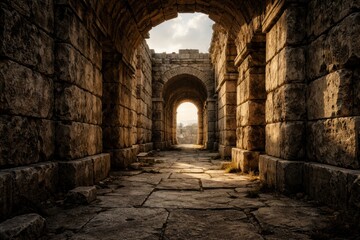 Obraz premium Sunlight filters through ancient stone arches, highlighting the path and hills in the background.