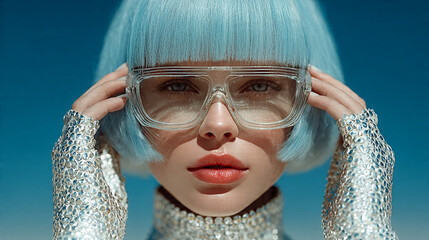 A woman with blue hair adjusts her glasses in a studio setting, wearing a silver turtleneck, viewed from a close-up perspective.