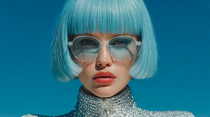 Portrait of a woman with blue hair and futuristic glasses in a studio setting