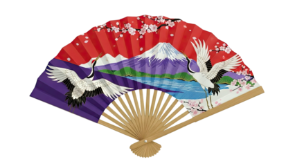 Japanese Fan with Cranes, Mount Fuji, and Cherry Blossoms