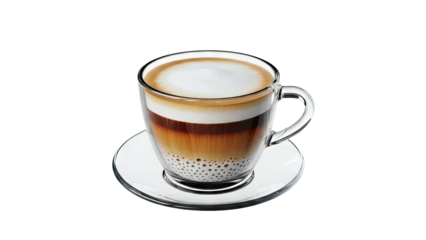 Layered Coffee Drink in a Clear Glass Mug on a Saucer