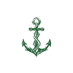 Obraz premium Stylized green anchor vector illustration with organic details, a modern nautical emblem