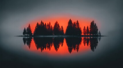 Serene Forest Sunset Reflection on Calm Water with Silhouetted Trees