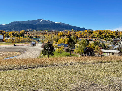 Autumn View of Red Lodge Montana with the Beartooth Mountains on the Horizon.