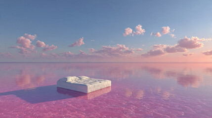 A serene mattress floats on a tranquil pink lake with fluffy clouds reflected in the calm water at sunset