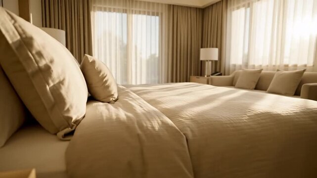 Sunlight streaming through curtains onto a neatly made bed and sofa in a modern bedroom.