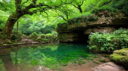 Naklejka premium Serene Green Forest Stream with Rocks and Overhanging Trees in Natural Setting