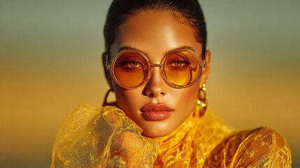 A woman wearing yellow attire and sunglasses poses in a studio setting with a blurred background, captured from a front viewpoint, referencing 283.jpg