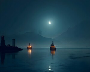 Distant cargo beacons flickering across quiet moonlit harbor evoking calm maritime night navigation mood