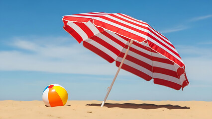 Red and white striped beach umbrella on sandy shore
