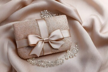 Elegant champagne evening pouch with satin ribbon trim luxury formal event handbag accessory