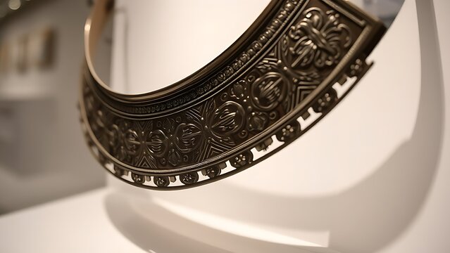 accuser. Polished steel gorget with etched patterns displayed in a museum showcase. event programs, museum guides, designed for cultural heritage projects and event programs.
