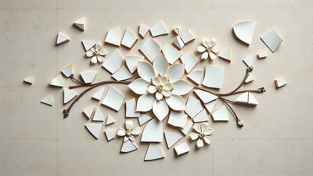 guyot. Broken porcelain fragments reassembled into an elegant floral mosaic on a neutral surface, top-down view. menu design.