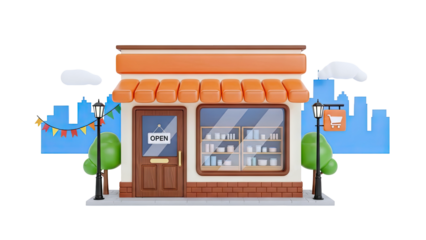 3D Cartoon Storefront with 'Open' Sign and Shopping Cart Icon