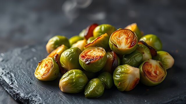 unobserved. Close-up of caramelized Brussels sprouts on dark slate, steam rising. menu design, packaging mockups, designed for culinary blogs and recipe cards for restaurants, used by art directors.