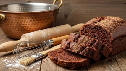 Richly baked chocolate loaf sliced on a rustic wooden surface with baking utensils