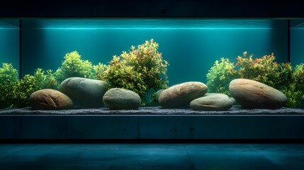 Minimalist Aquascape Featuring Smooth Stones And Bright Green Carpet Plants Creating Serene Underwater Landscape