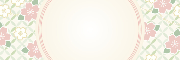 桜と七宝文様の和風背景フレーム｜上品な春デザイン（グリーン）横長  バナー カード web