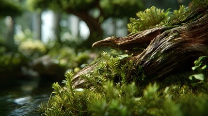 Softfocus aquarium background with sharp foreground driftwood detail creating depth underwater composition calm aesthetic balance