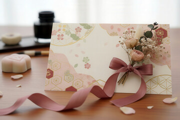 Close-up of a Japanese Valentine&rsquo;s card featuring floral and geometric designs, styled with dried flowers and a ribbon on a table, soft lighting enhancing textures and festive mood.
