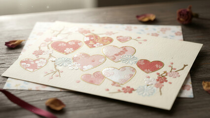 Macro view of a Japanese Valentine card featuring delicate hearts and flowers, soft light enhancing textures and festive charm.