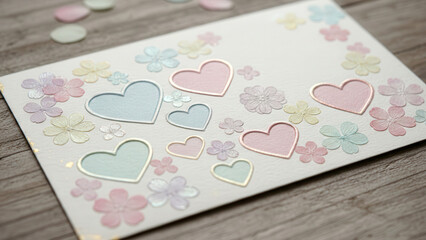 Macro of a vintage Japanese Valentine card with embossed heart shapes and soft pastel flowers, emphasizing textures and nostalgic holiday charm.