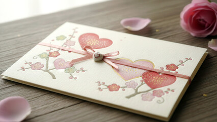 Macro shot of a Japanese Valentine&rsquo;s card decorated with hearts and flowers, soft lighting emphasizing paper textures and warm festive atmosphere.