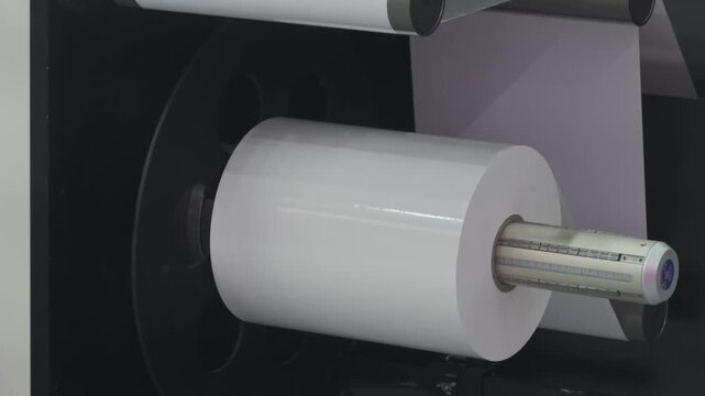 Automatic polyethylene plastic bag production machine with lighting effect. Close-up of the roller of the plastic bag production machine in the light. product packaging concept
