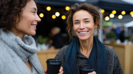 Two women share a joyful moment with coffee in hand, surrounded by a lively outdoor market atmosphere, exuding warmth and connection amidst the bustling backdrop.