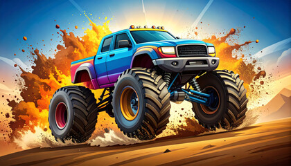 Colorful Monster Truck Vector Illustration with Dirt Explosion